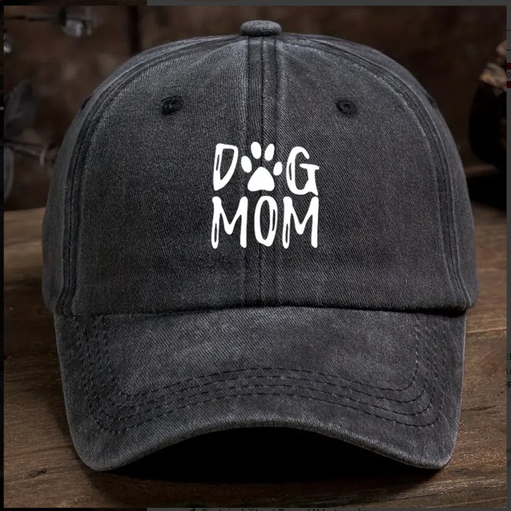 NEW WOMEN'S DISTRESSED FADED BLACK & WHITE "DOG MOM" ADJUSTABLE BASEBALL HAT/CAP